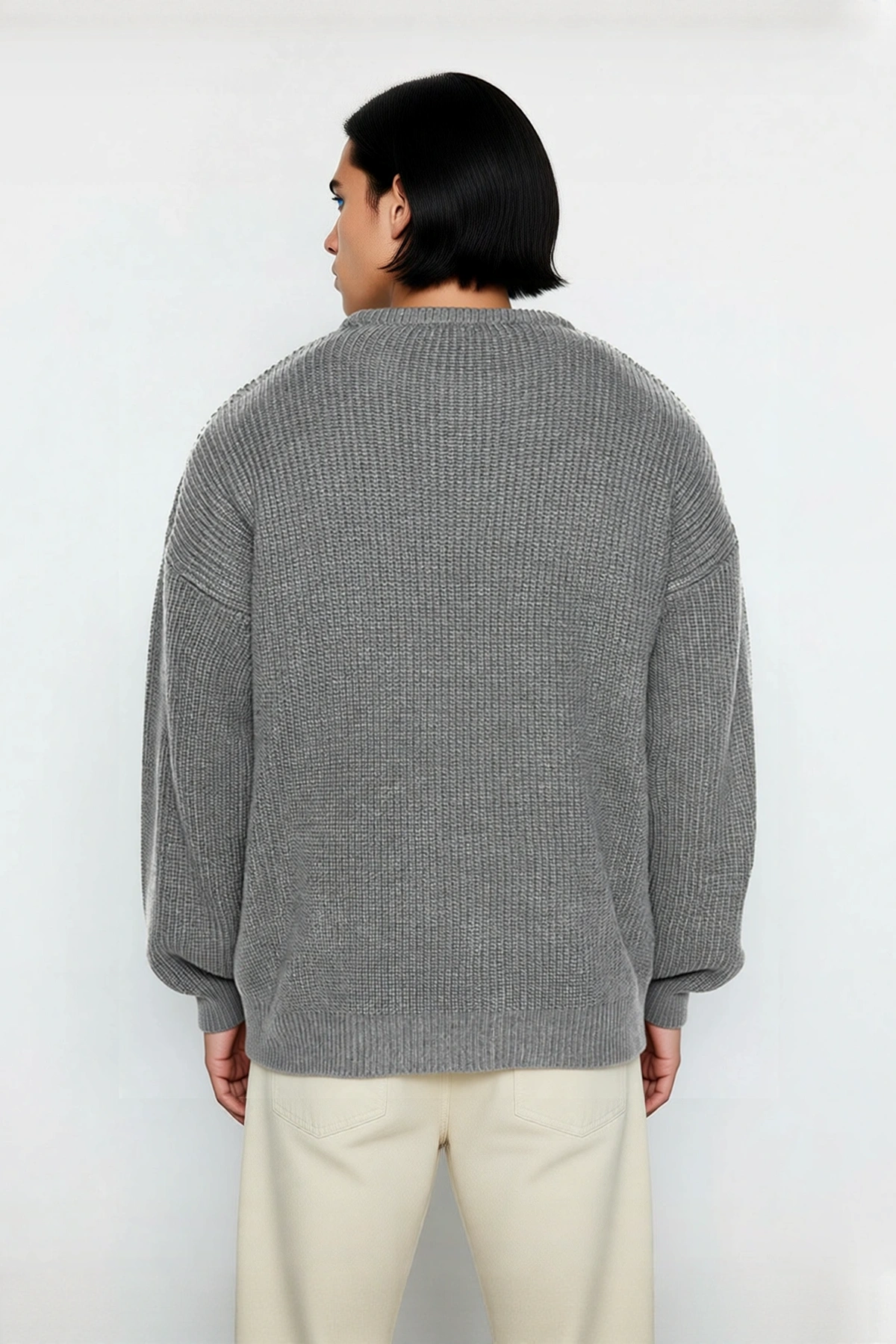 Erkek Gri Oversize Bisiklet Yaka Düz Düşük Kol Akrilik Triko Kazak Casual Tarzlara Özel Rahatlık