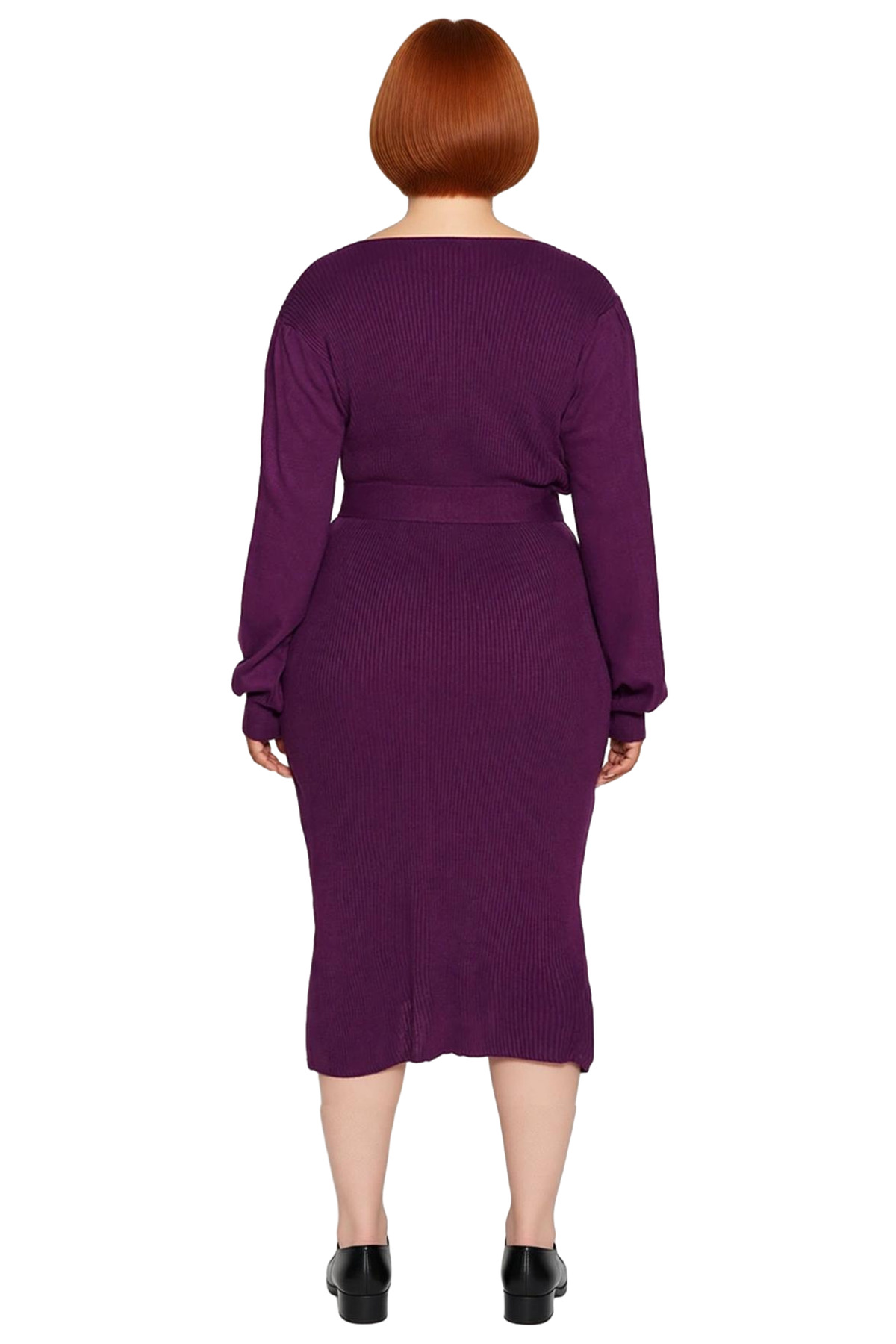Kadın Triko Bodycon Kalıp Midi Elbise Kare Yaka Balon Kol Detaylı Kuşaklı Şık Tasarım Kaliteli
