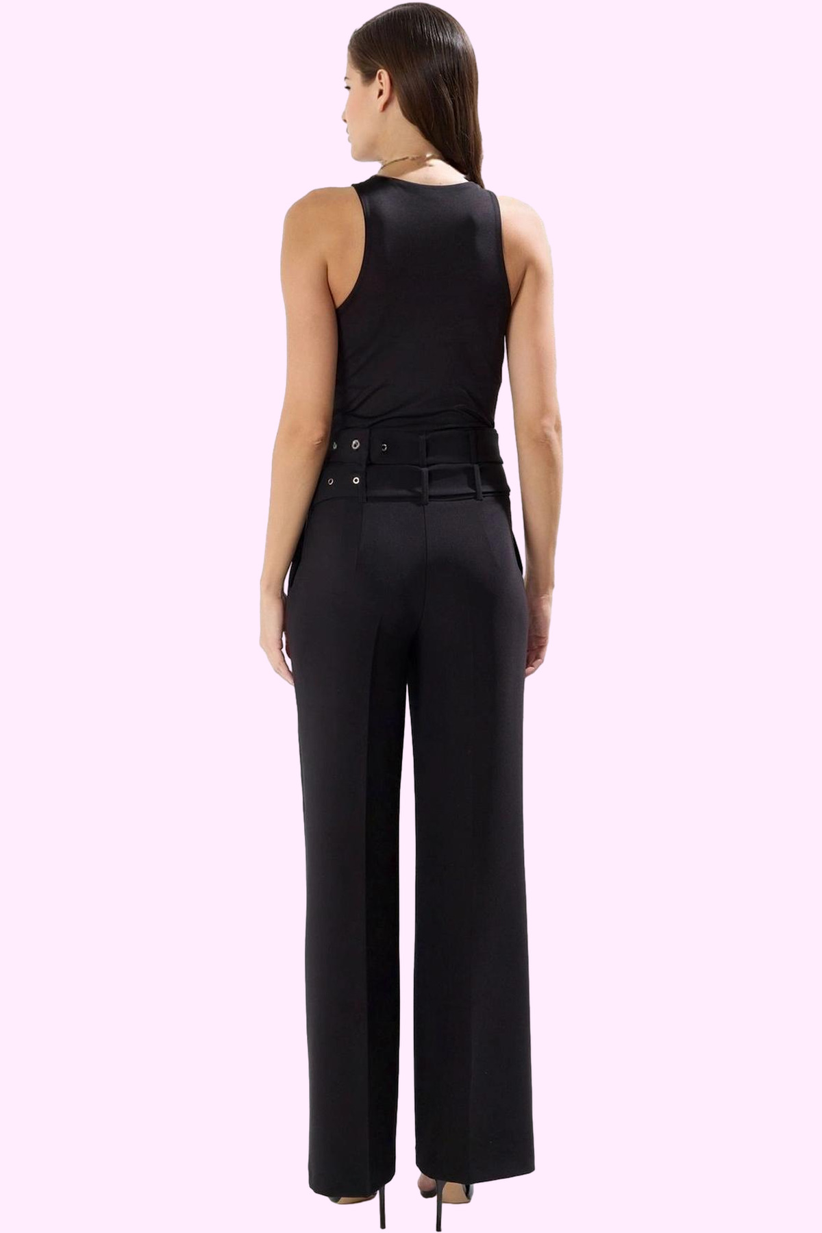 Kadın Moda Yüksek Bel Geniş Paça Dokuma Pantolon Çift Kemerli Şık Tasarım Yazlık