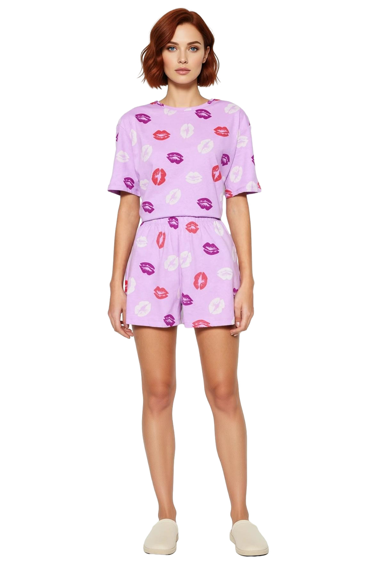 Kadın Dudak Desenli Pamuklu Kısa Kollu Pijama Takımı Rahat Ev Giyim Yaz Modern Stil Kaliteli İşçilik