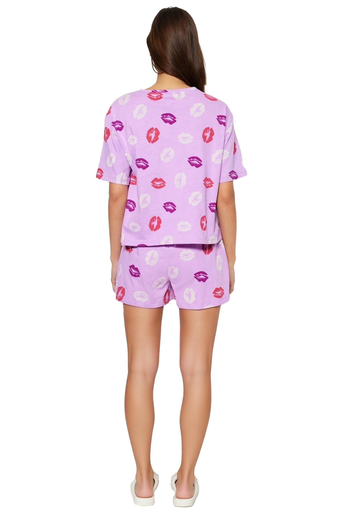 Kadın Dudak Desenli Pamuklu Kısa Kollu Pijama Takımı Rahat Ev Giyim Yaz Modern Stil Kaliteli İşçilik