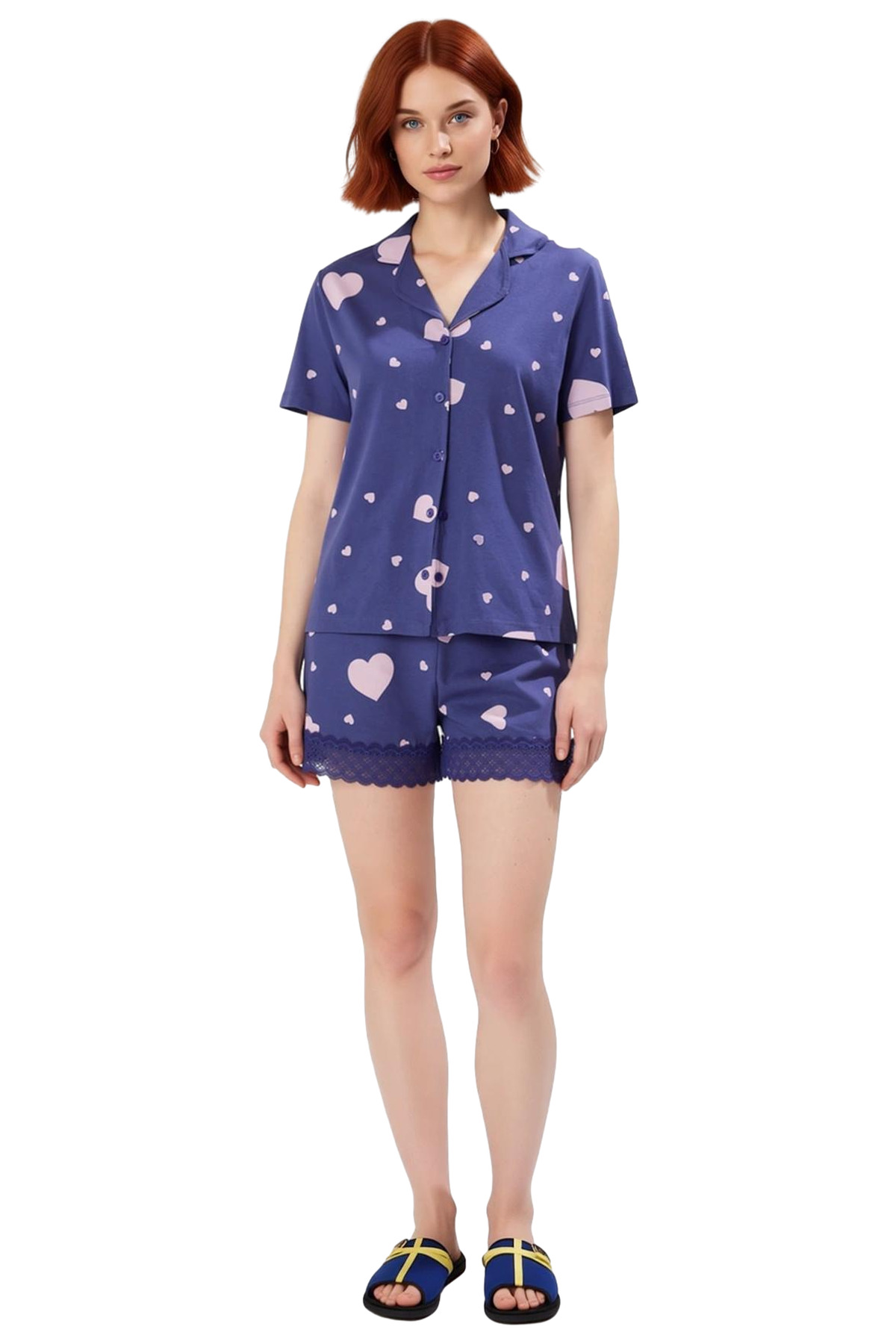 Kadın Kalpli Desenli Pamuklu Kısa Kollu Pijama Takımı Rahat Kullanım Premium Kalite