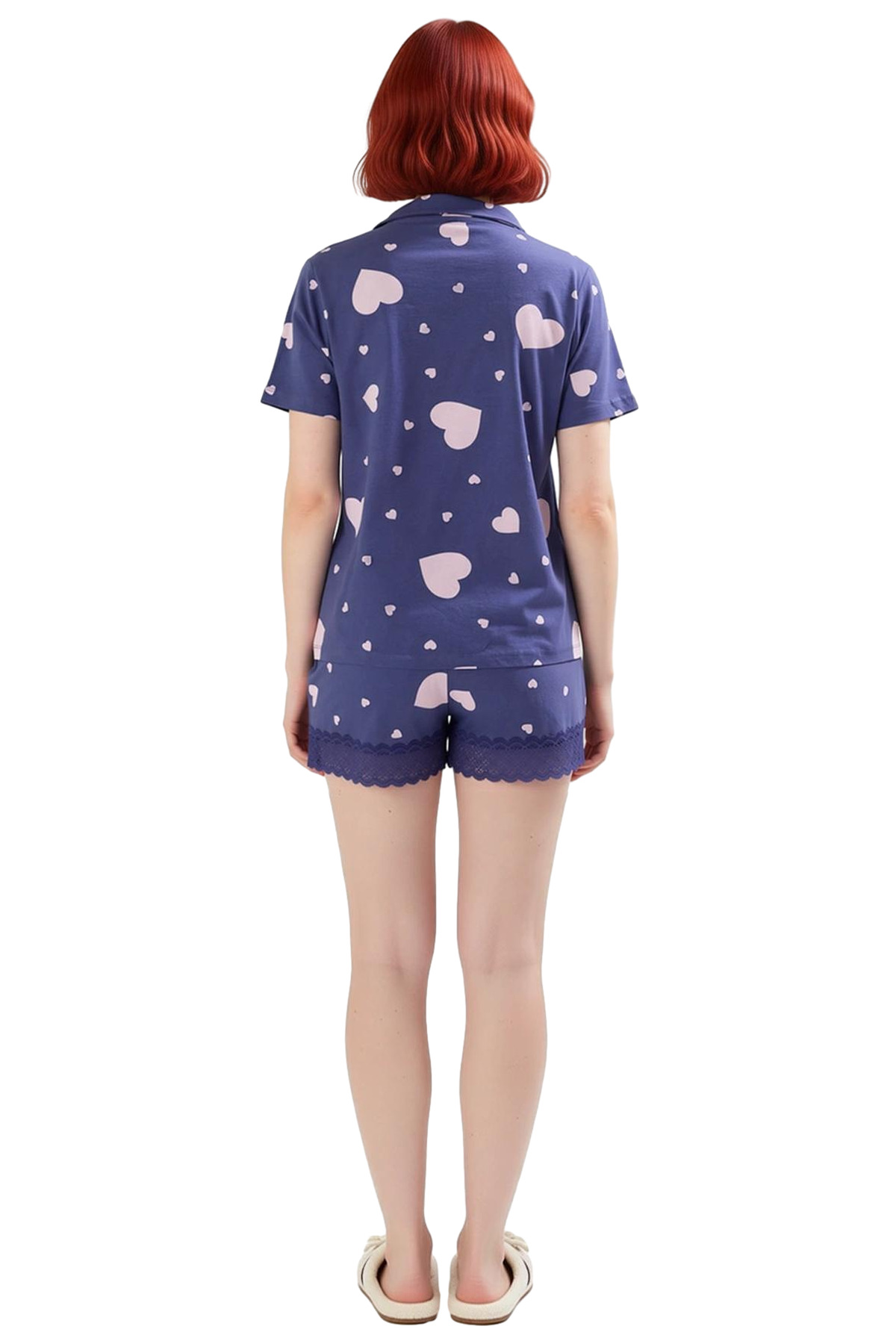 Kadın Kalpli Desenli Pamuklu Kısa Kollu Pijama Takımı Rahat Kullanım Premium Kalite