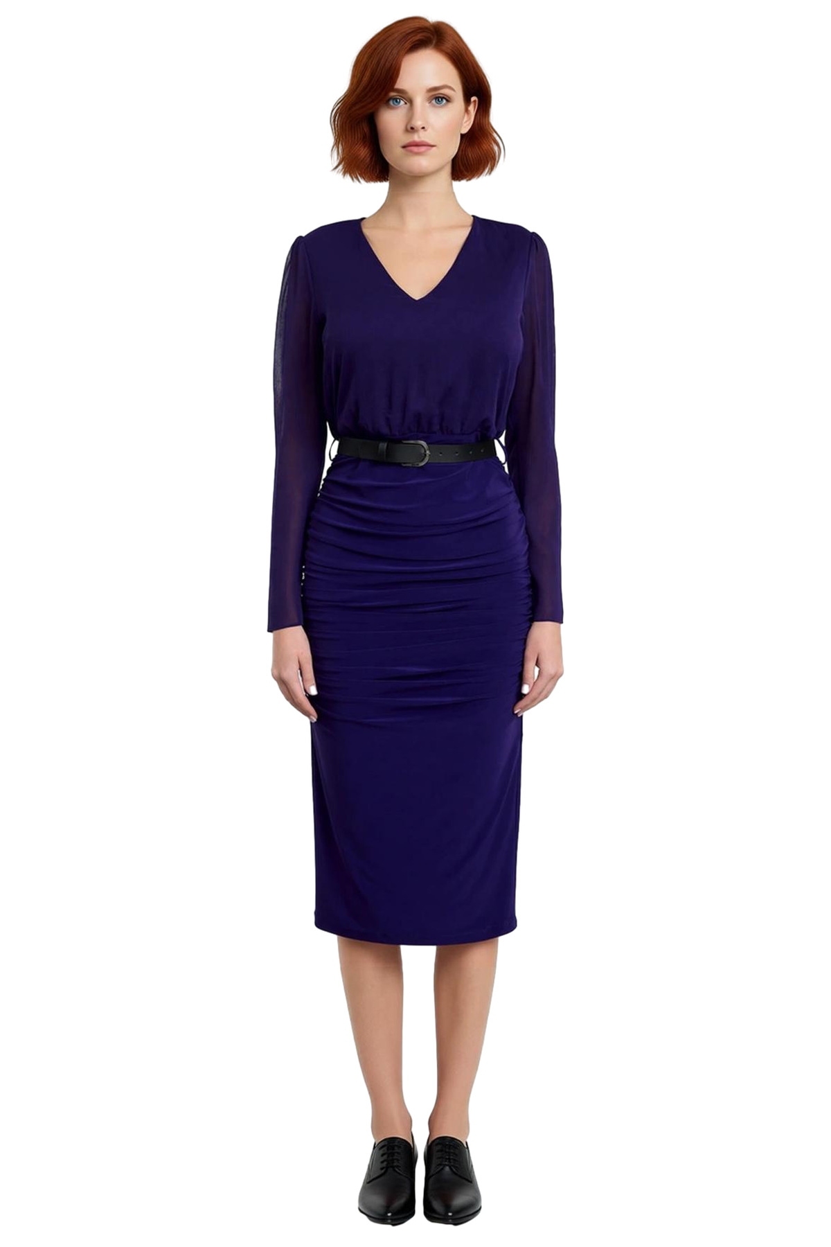 Kadın Mor Bodycon Midi Elbise V Yaka Uzun Standart Kol Düz Desen Şifon Dokuma Büzgü Detaylı