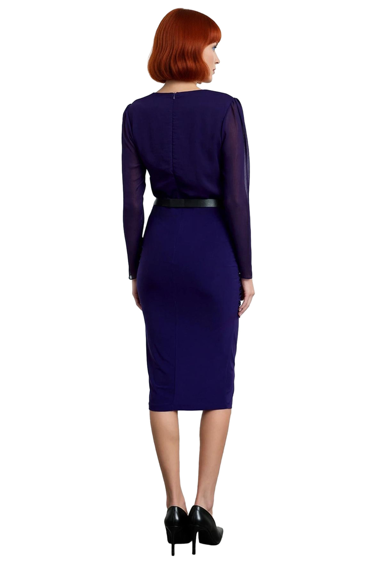 Kadın Mor Bodycon Midi Elbise V Yaka Uzun Standart Kol Düz Desen Şifon Dokuma Büzgü Detaylı