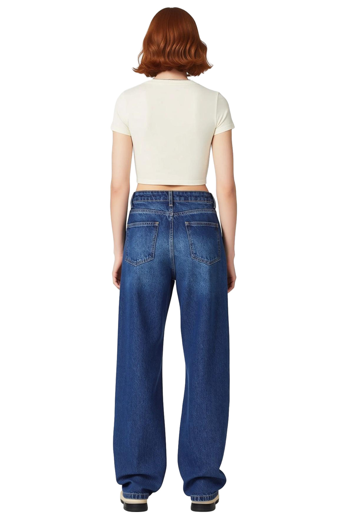Koyu Yüksek Bel Geniş Paça Denim Pantolon Kadın Fonksiyonel Dayanıklı Kaliteli Konforlu Şık