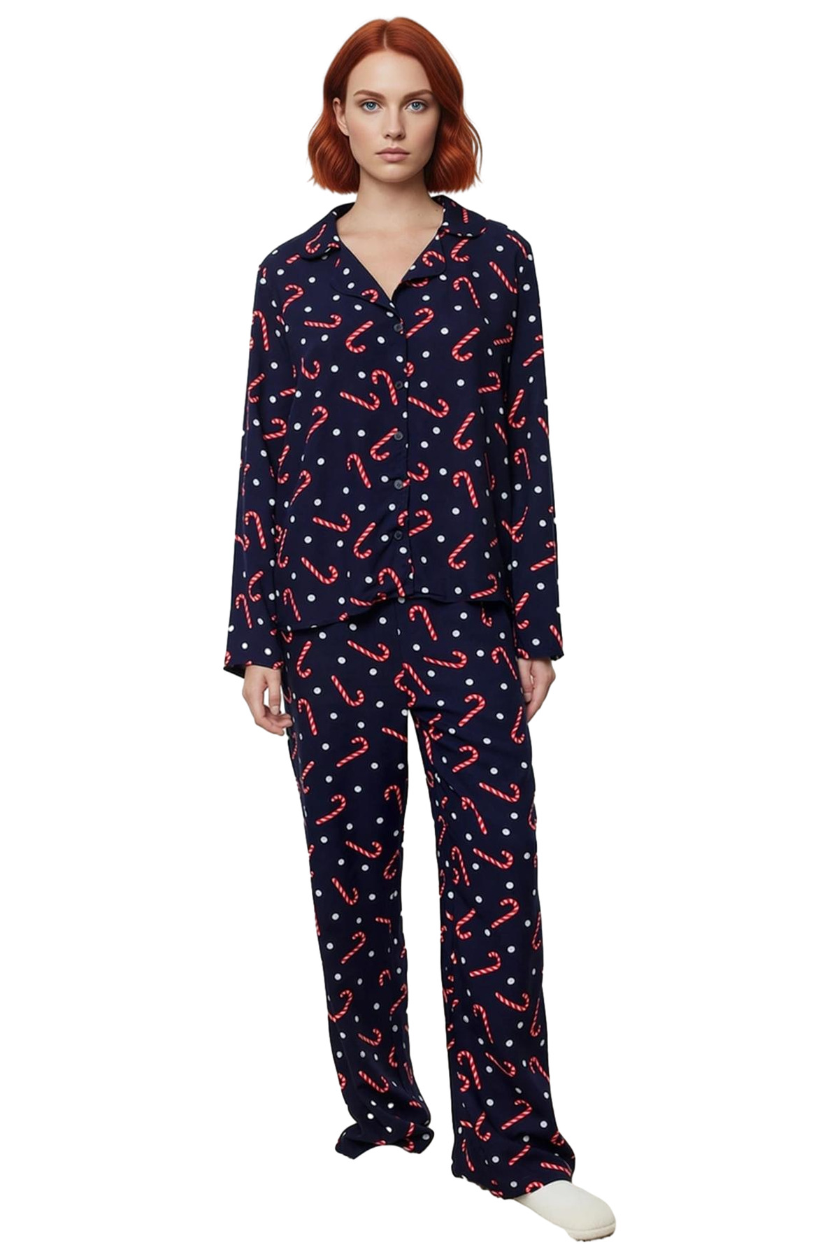 Kadın Yılbaşı Temalı Viskoz Pijama Takımı Rahat Geniş Paça Shally Dokuma Yüksek Kalite