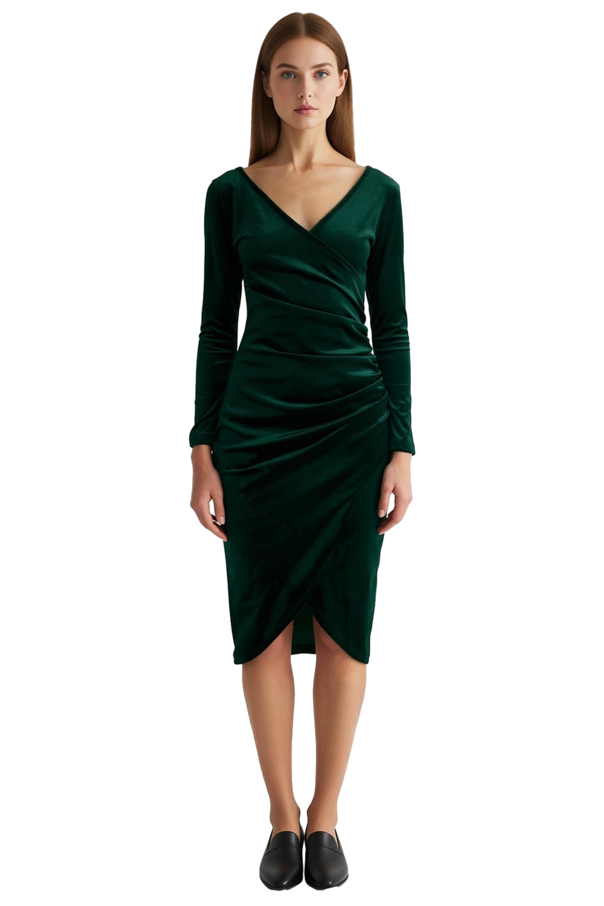 Kadın Kadife Bodycon Midi Uzun Kollu Kruvaze Yaka Örme Şık Drape Detaylı Kokteyl Elbisesi Kaliteli
