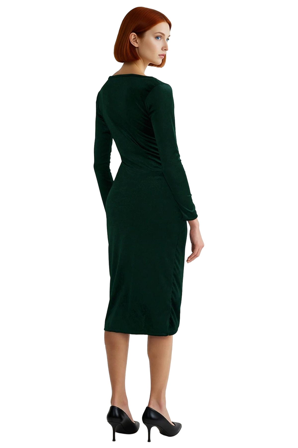 Kadın Kadife Bodycon Midi Uzun Kollu Kruvaze Yaka Örme Şık Drape Detaylı Kokteyl Elbisesi Kaliteli