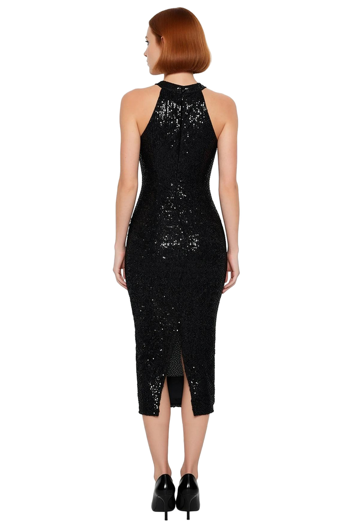 Kadın Bodycon Halter Yaka Midi Boy Astarlı Parıltılı Pul İşlemeli Şık Abiye Gece Elbisesi Kaliteli