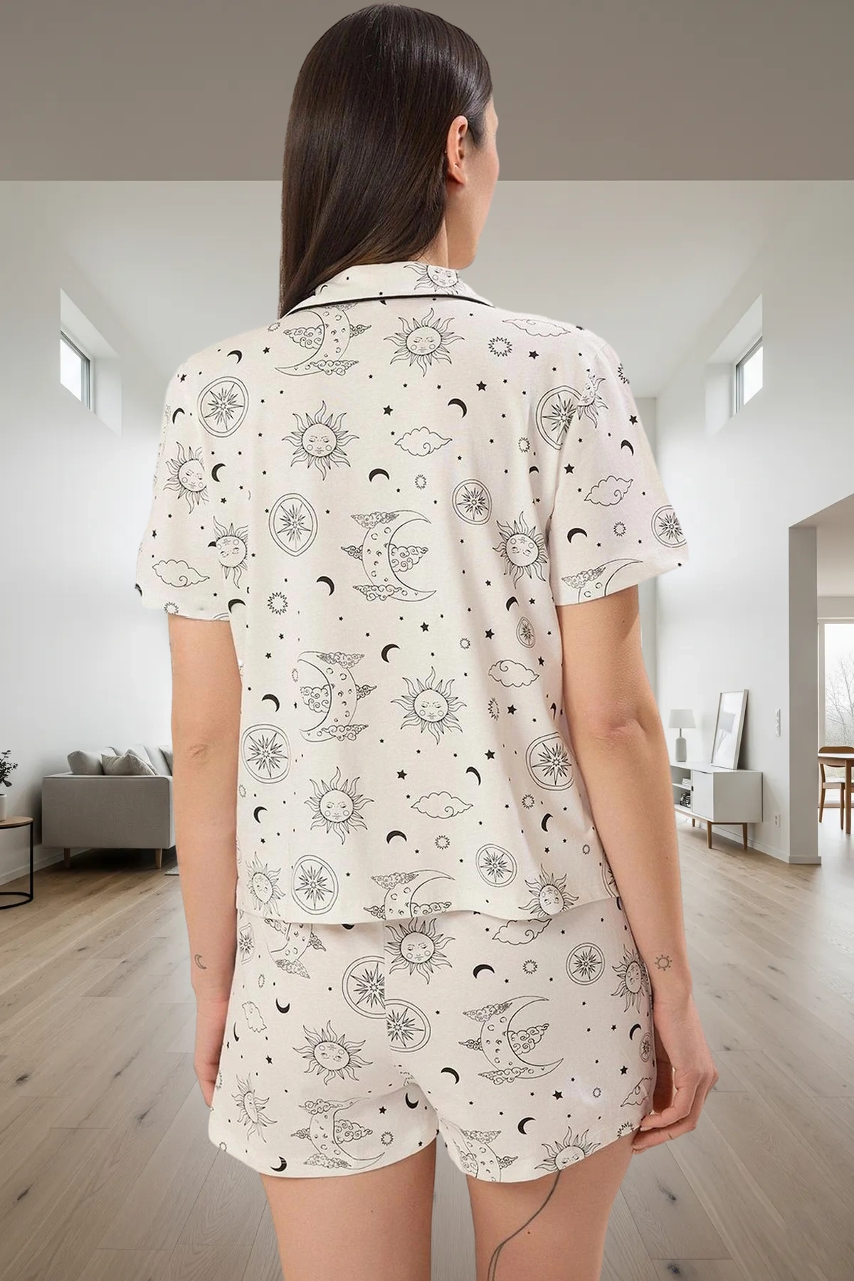 Kadın Rahat Örme Pijama Takımı Galaksi Desenli %100 Pamuk Konforlu Kesim Yüksek Kalite