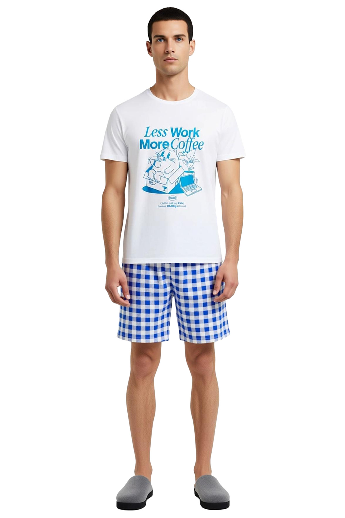 Erkek Bisiklet Yaka Kısa Kollu T Shirt Ve Kareli Şort Pijama Takımı Fonksiyonel Dayanıklı Şık
