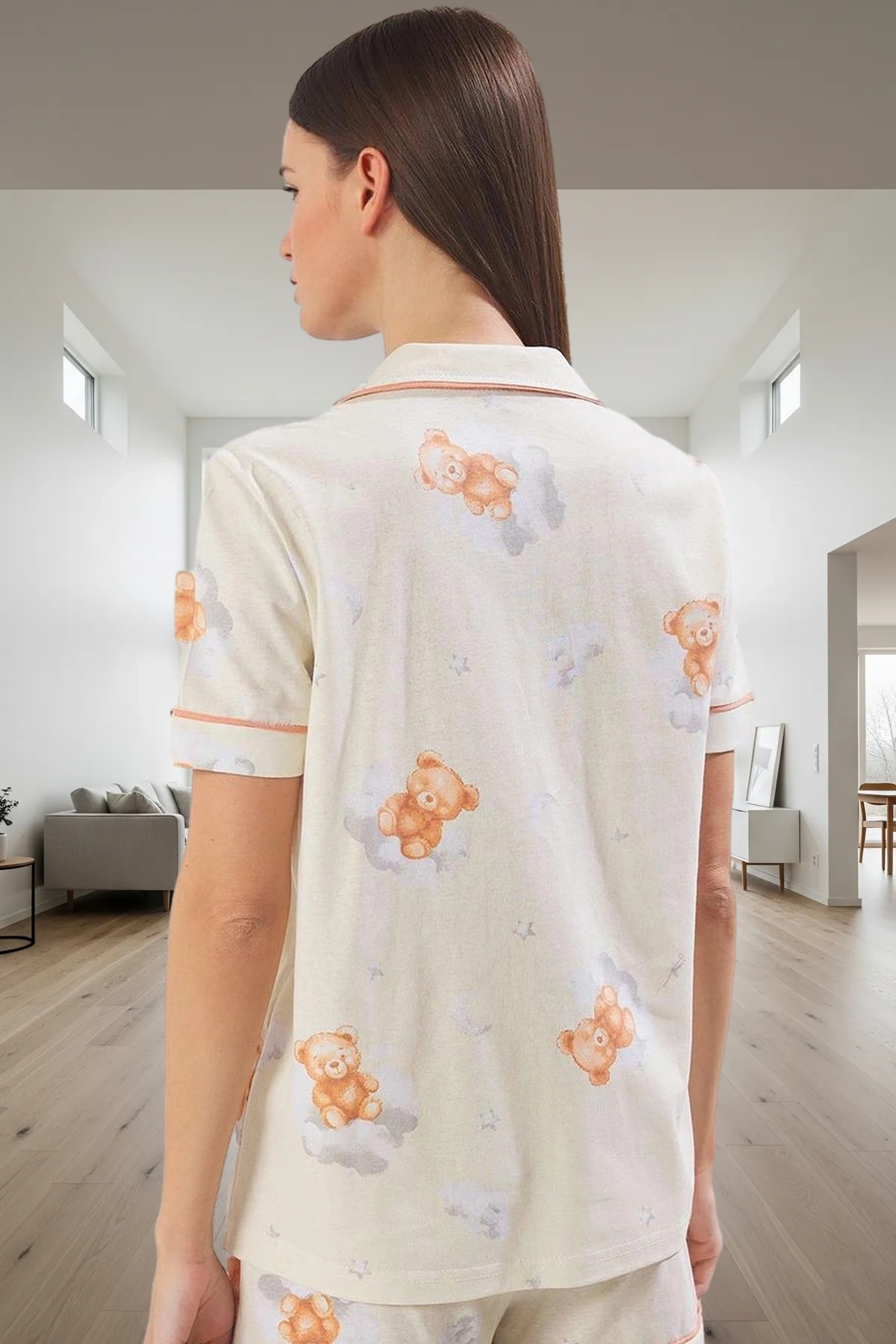 Kadın Ayıcık Desenli Pamuklu Rahat Pijama Takımı Yaz Mevsimi İçin Seçkin Malzeme Şık Görünüm