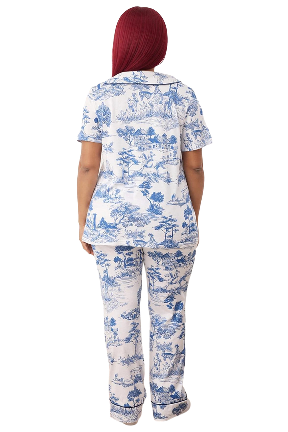 Kadın Manzara Desenli Bebe Yaka Kısa Kollu Pijama Takımı Fonksiyonel Dayanıklı Kaliteli Şık