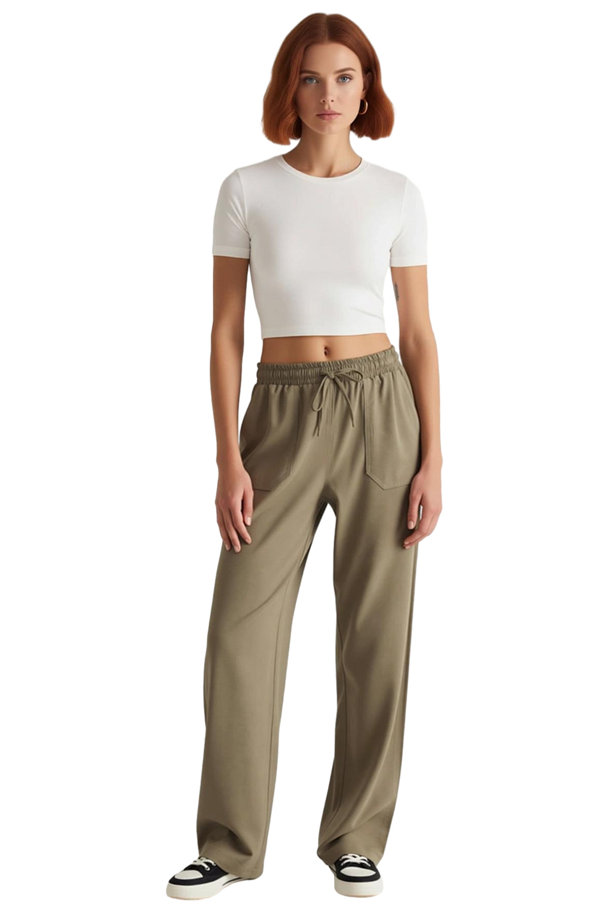 Kadın Yüksek Bel Düz Kesim Gabardin Jogger Pantolon Fonksiyonel Dayanıklı Kaliteli Estetik