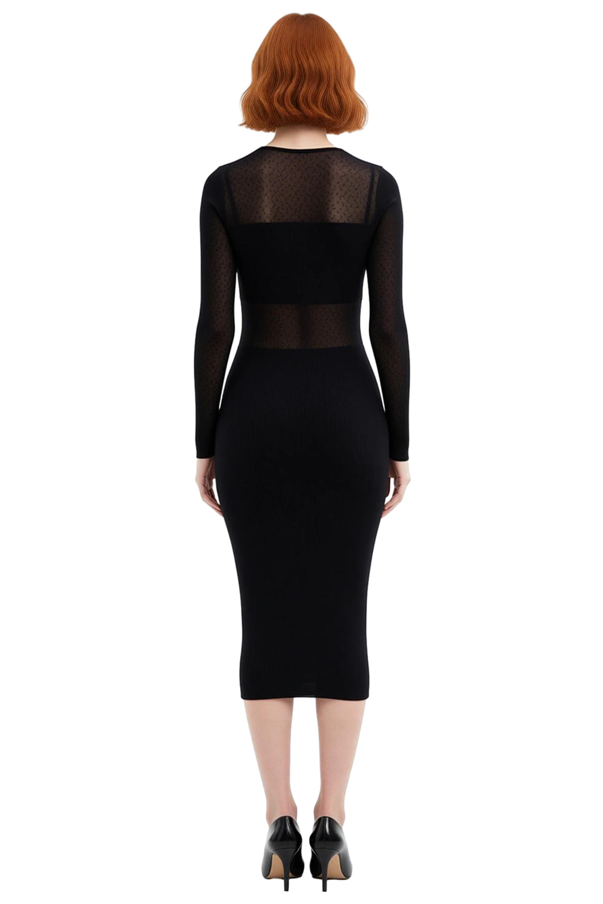 Kadın Siyah Bodycon Midi Triko Elbise Uzun Kollu Bisiklet Yaka Şık Transparan Detaylı Modern Kışlık