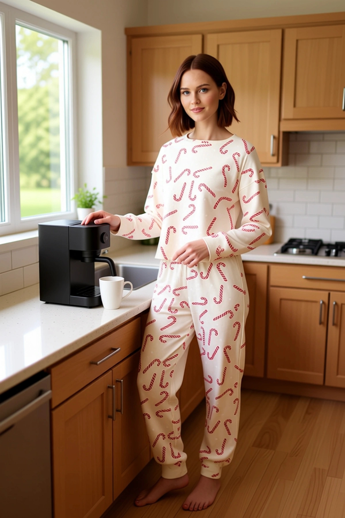 Kadın Kışlık Yılbaşı Baskılı Pamuklu Pijama Takımı Rahat Kullanım Günlük İçin