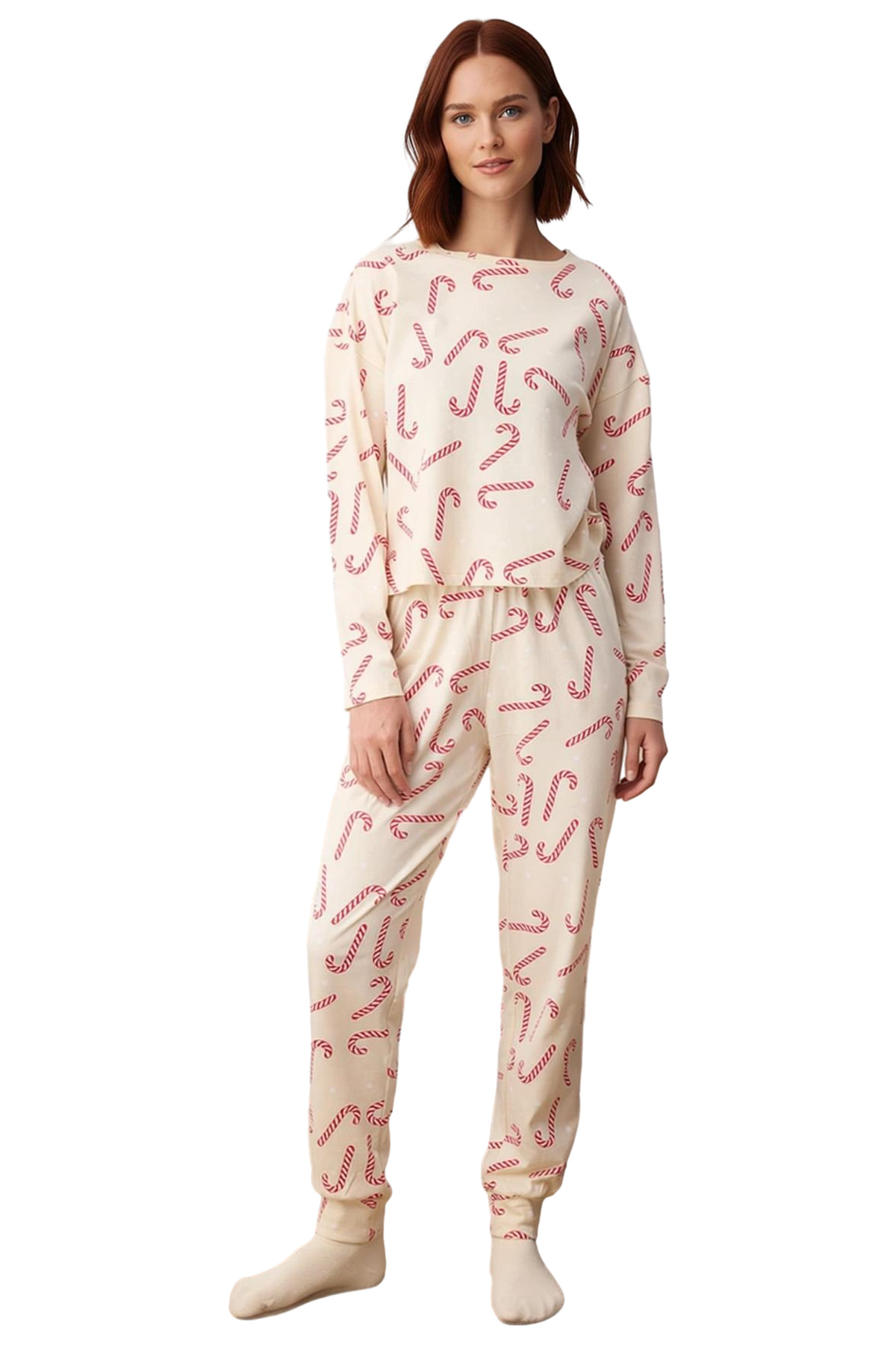 Kadın Kışlık Yılbaşı Baskılı Pamuklu Pijama Takımı Rahat Kullanım Günlük İçin