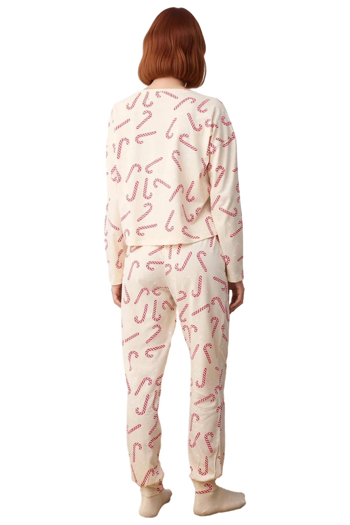 Kadın Kışlık Yılbaşı Baskılı Pamuklu Pijama Takımı Rahat Kullanım Günlük İçin