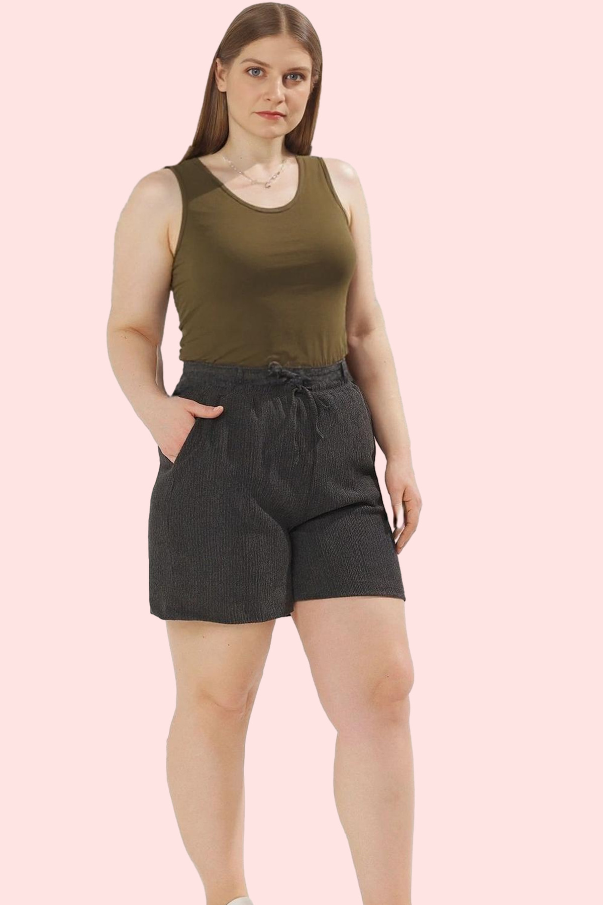Kadın Moda Büyük Beden Örme Şort Regular Fit Günlük Kullanım Hafta Sonu Yazlık Şort