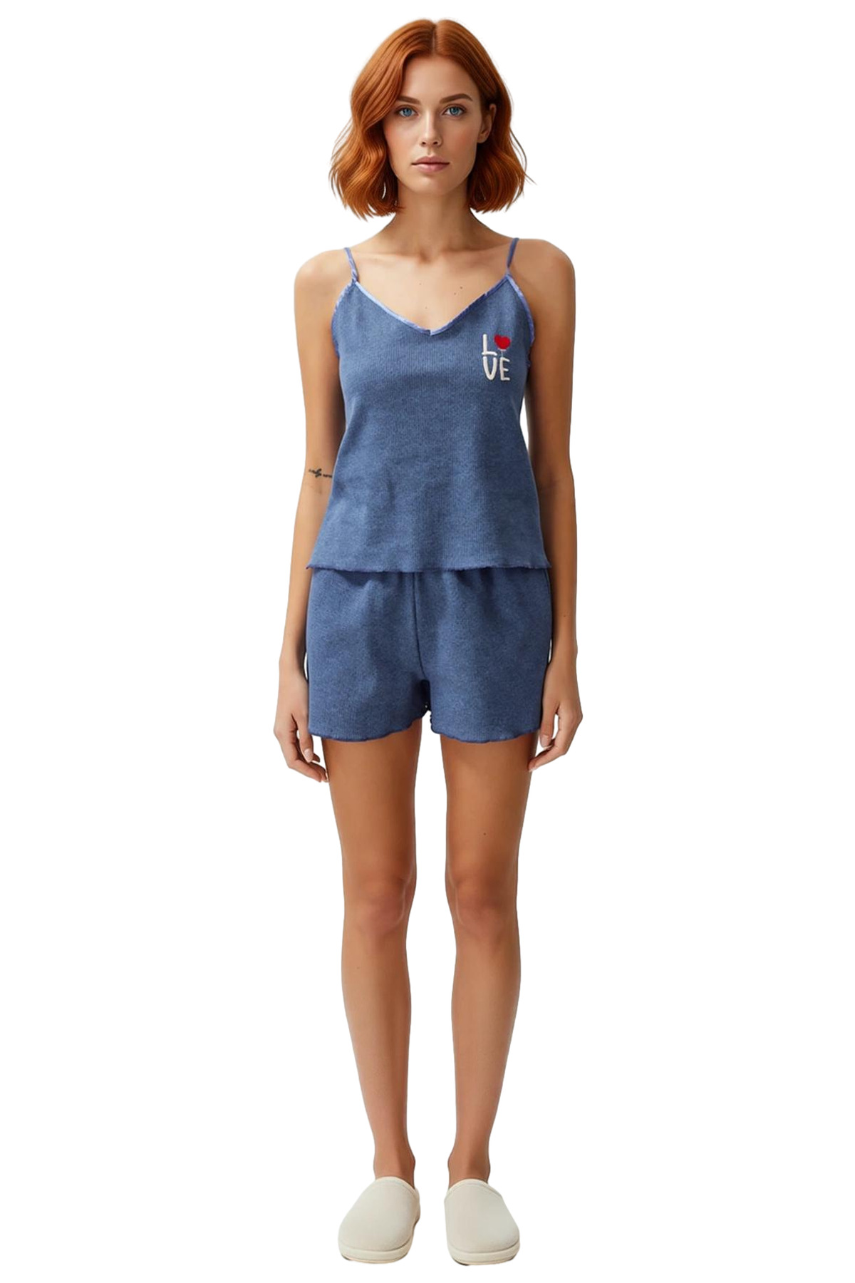 Kadın Nakışlı İnce Askılı Pamuklu Pijama Takımı Yazlık Rahat Lounge Günlük Kullanım İçin