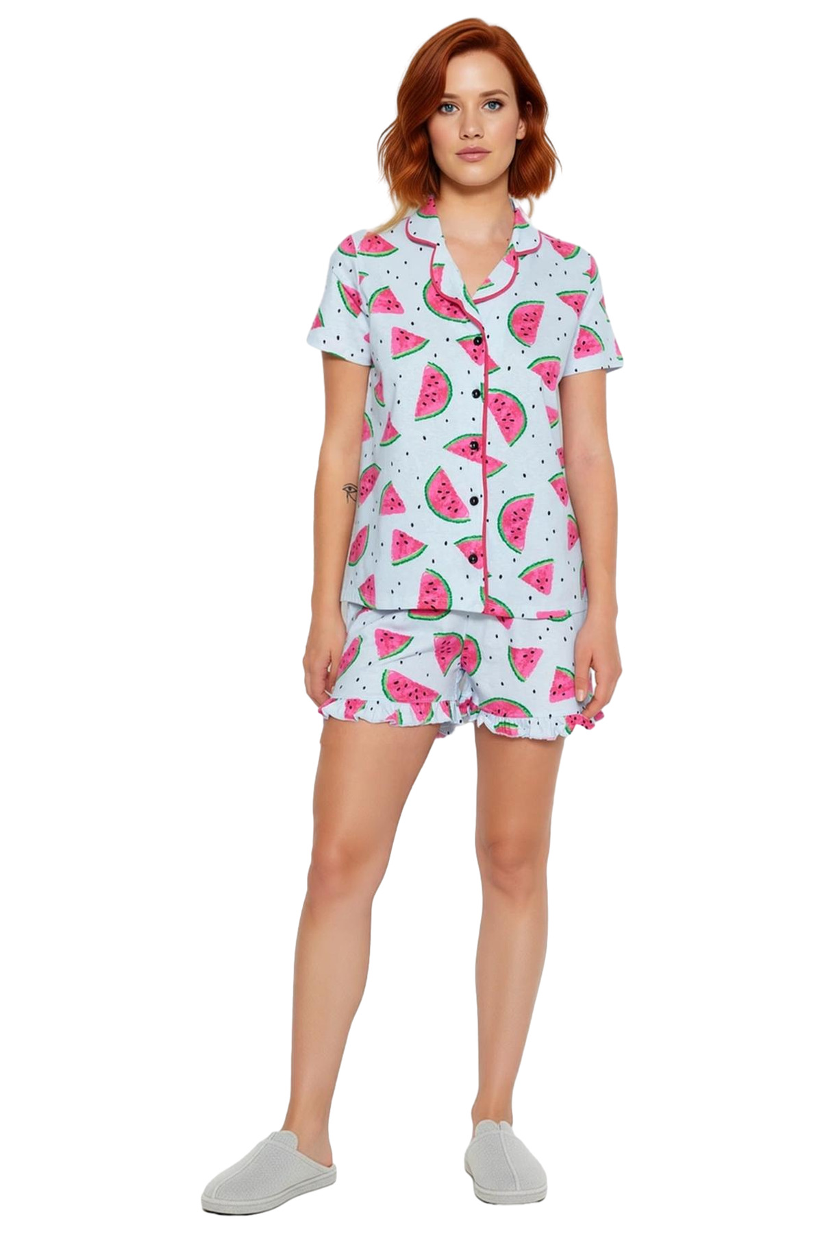 Kadın Karpuz Desenli Pamuklu Kısa Kollu Pijama Takımı Rahat Ev Giyim Seti Dayanıklı Malzeme