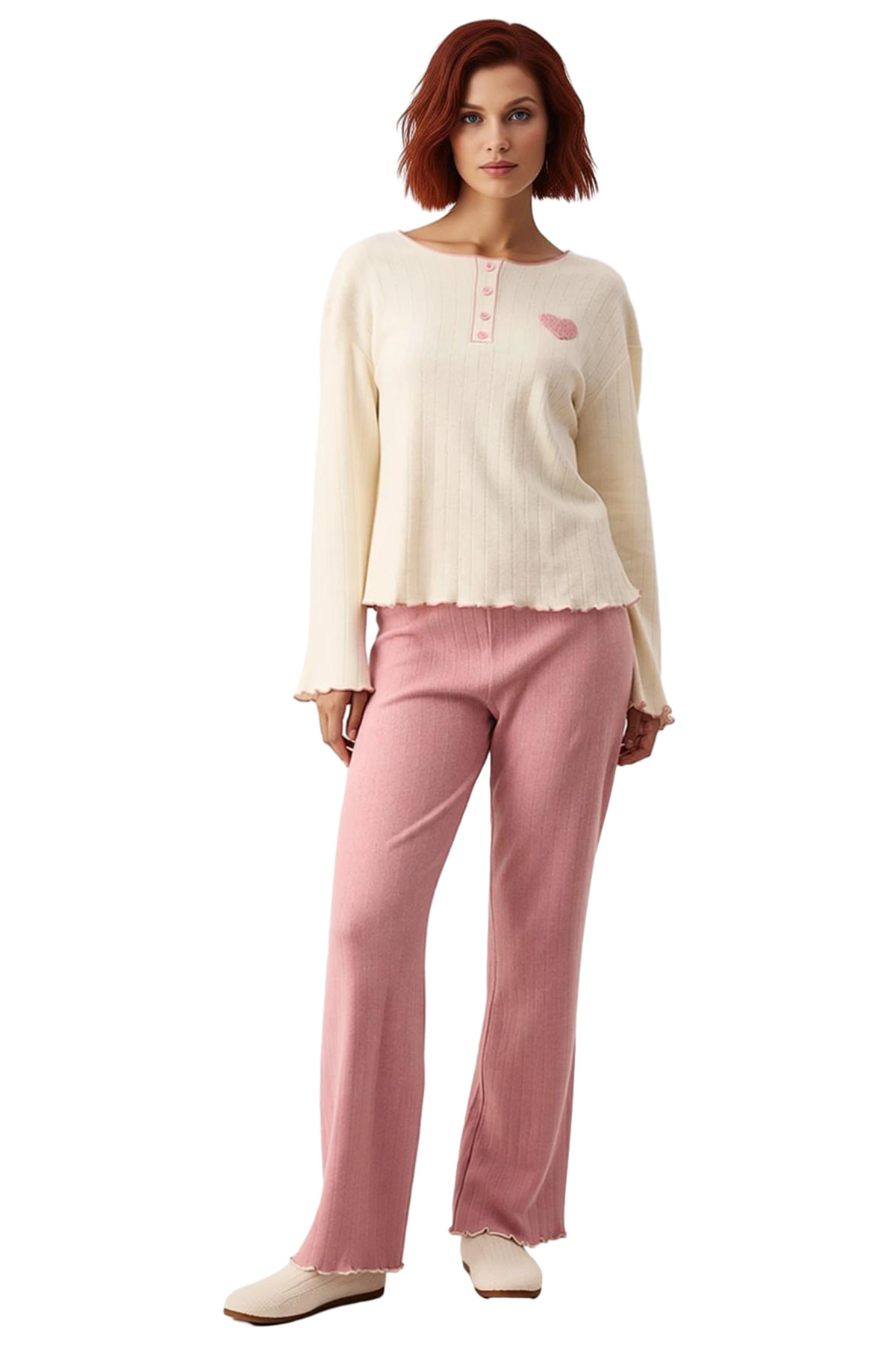 Kalp Nakışlı Fitilli Örme Pijama Takımı Kadın Fonksiyonel Dayanıklı Kaliteli Konforlu Spor