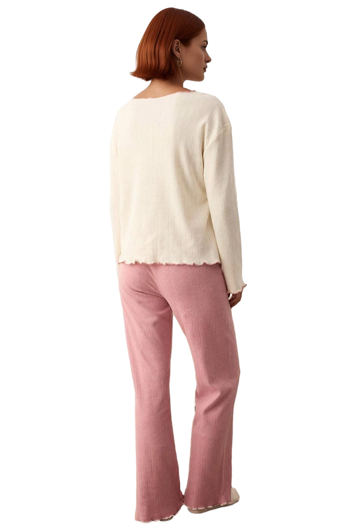 Kalp Nakışlı Fitilli Örme Pijama Takımı Kadın Fonksiyonel Dayanıklı Kaliteli Konforlu Spor