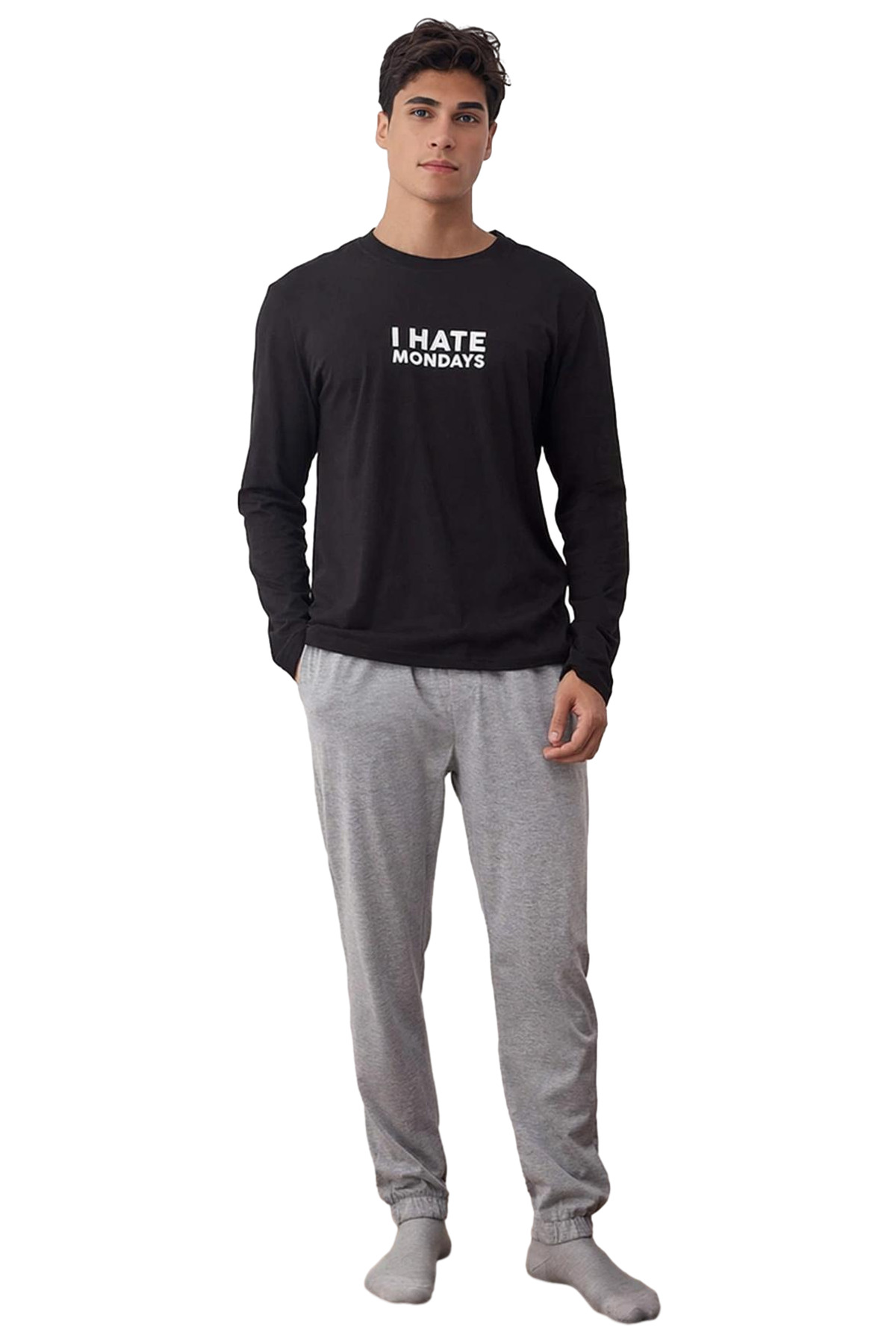 Erkek Slogan Baskılı Regular Fit Uzun Kollu Pijama Takımı Fonksiyonel Dayanıklı Kaliteli Şık