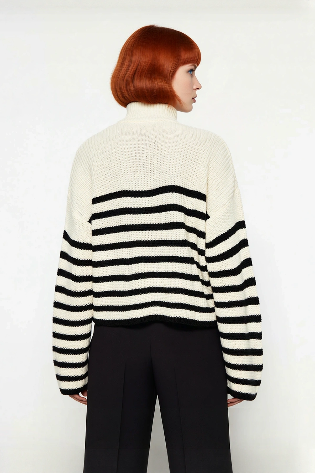 Kadın Oversize Dik Yaka Çizgili Triko Kazak Düşük Kollu Crop Kesim Günlük Şık Kış Stili Kaliteli
