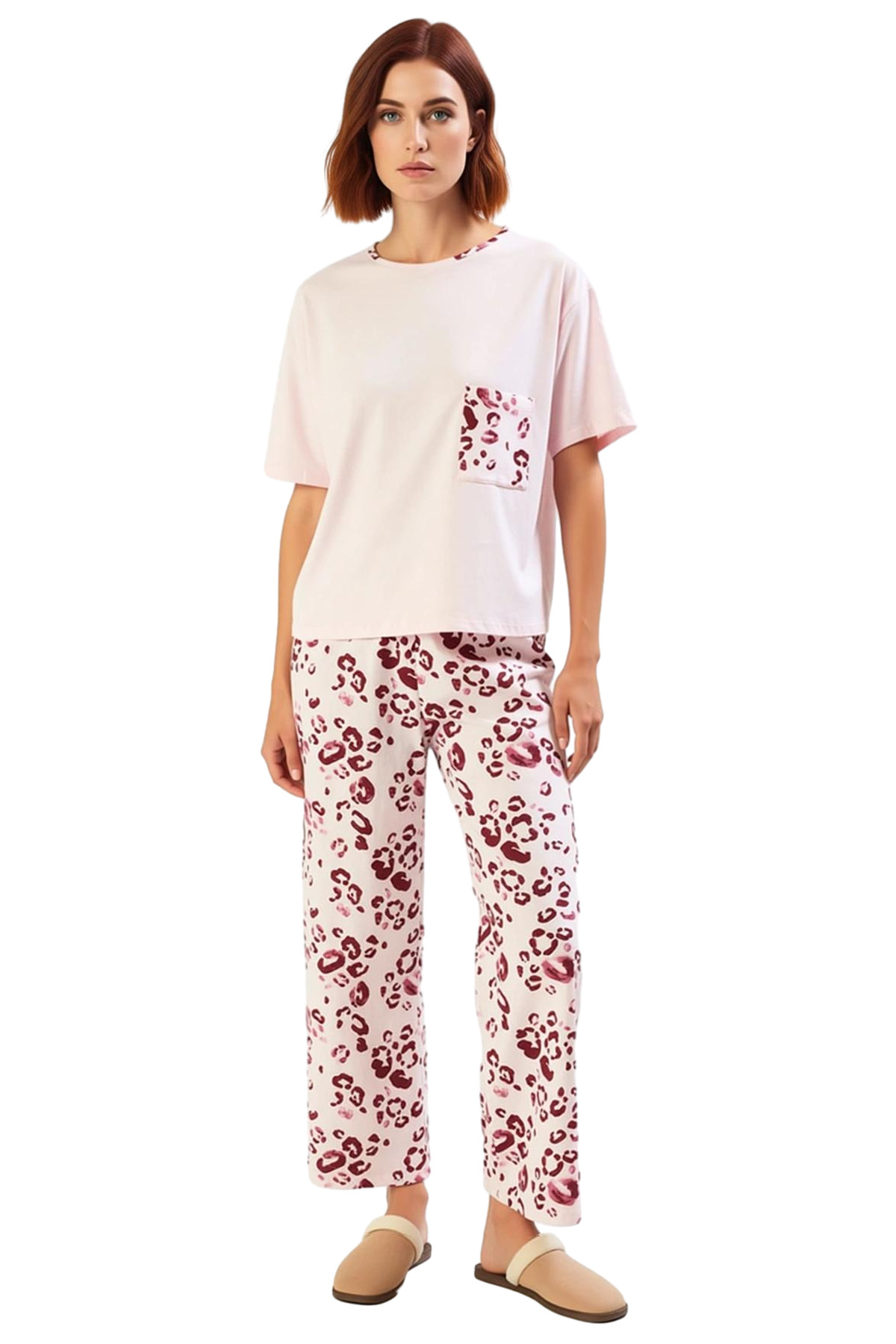 Kadın Pamuklu Leopar Desenli Pijama Takımı Rahat Ev Giyim Seti Mükemmel Uyum Yüksek Kalite