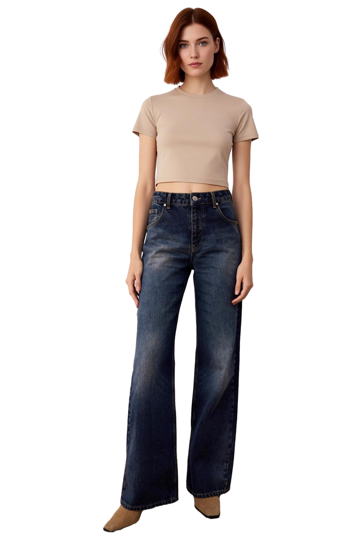 Kadın Koyu Wide Leg Denim Pantolon Fonksiyonel Dayanıklı Kaliteli Konforlu Estetik Premium