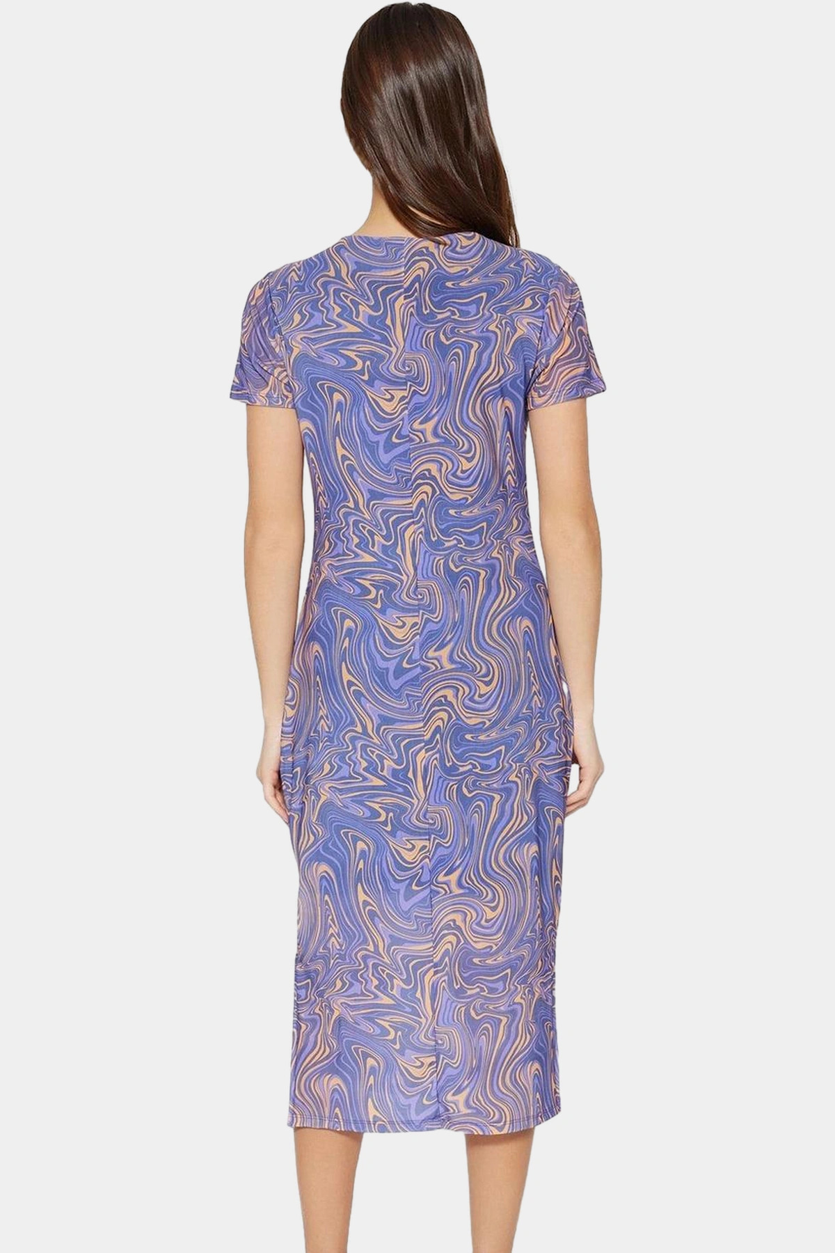 Kadın Midi Boy Tül Elbise Soyut Desenli Bisiklet Yaka Bodycon Modern Stil Günlük Kombinler