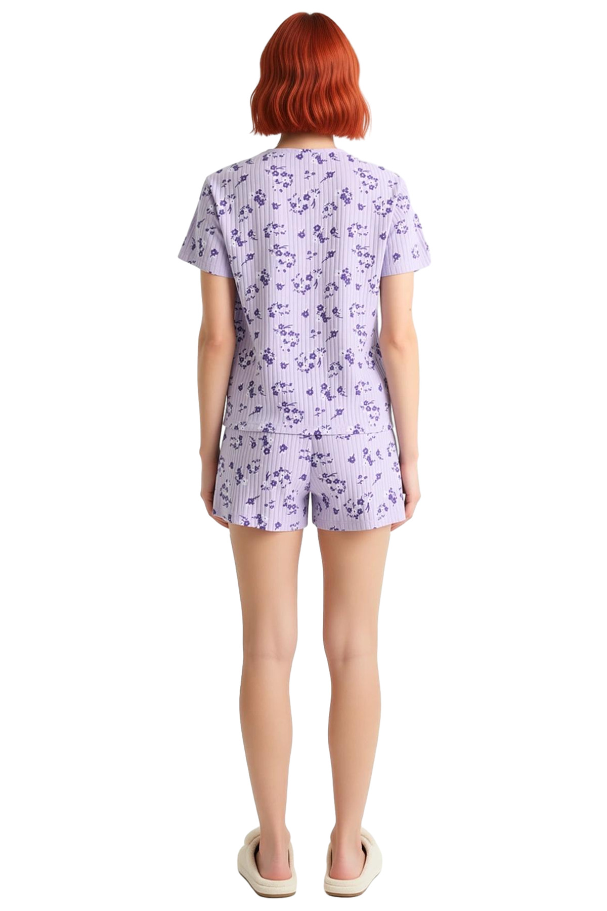 Kadın Çiçekli Fitilli Pijama Takımı Yazlık Rahat Homewear Özel Tasarım Zarif