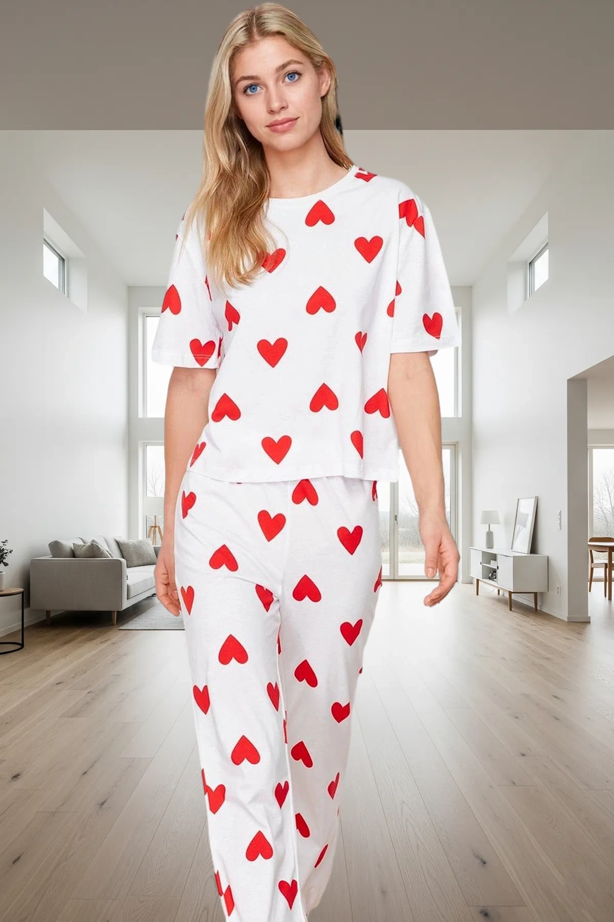 Kadın Kalpli Pamuklu Pijama Takımı Rahat Kesim Boru Paça Premium Kalite Özel Tasarım Özenle Seçilmiş