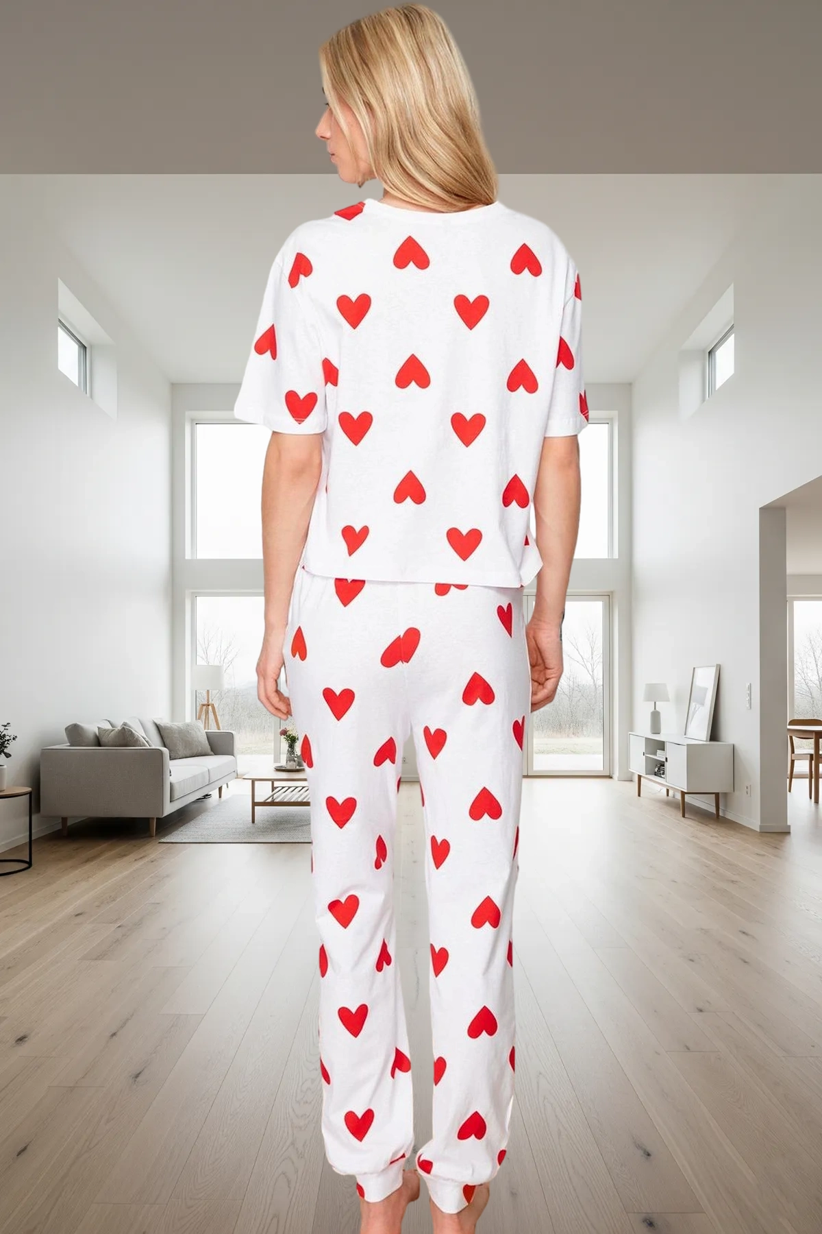 Kadın Kalpli Pamuklu Pijama Takımı Rahat Kesim Boru Paça Premium Kalite Özel Tasarım Özenle Seçilmiş