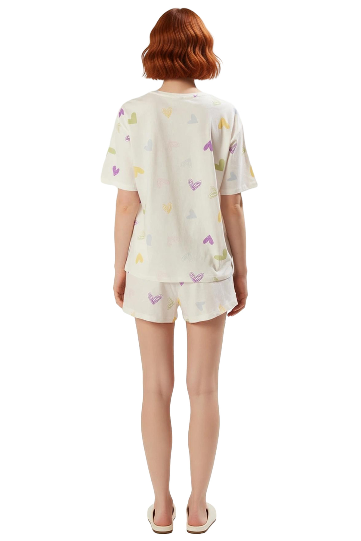 Kadın Rahat Pamuklu Pijama Takımı Kalpli Desenli Yazlık Homewear Kaliteli İşçilik Seçkin Malzeme