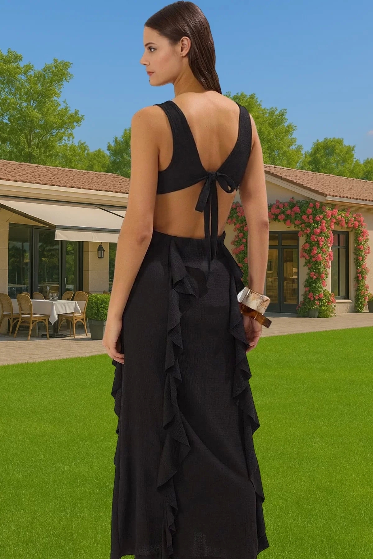 Kadın Maxi Örme Cut Out V Yaka Plaj Elbisesi Dokulu Polyester Yazlık Tasarım Günlük Kullanım