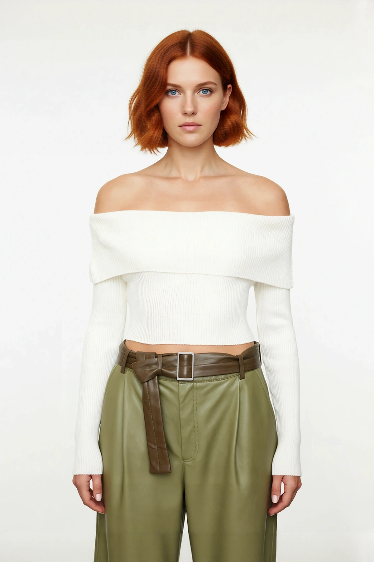 Kadın Ekru Carmen Yaka Fitted Crop Triko Kazak İlkbahar Sonbahar İçin Şık Ve Basic Tasarım