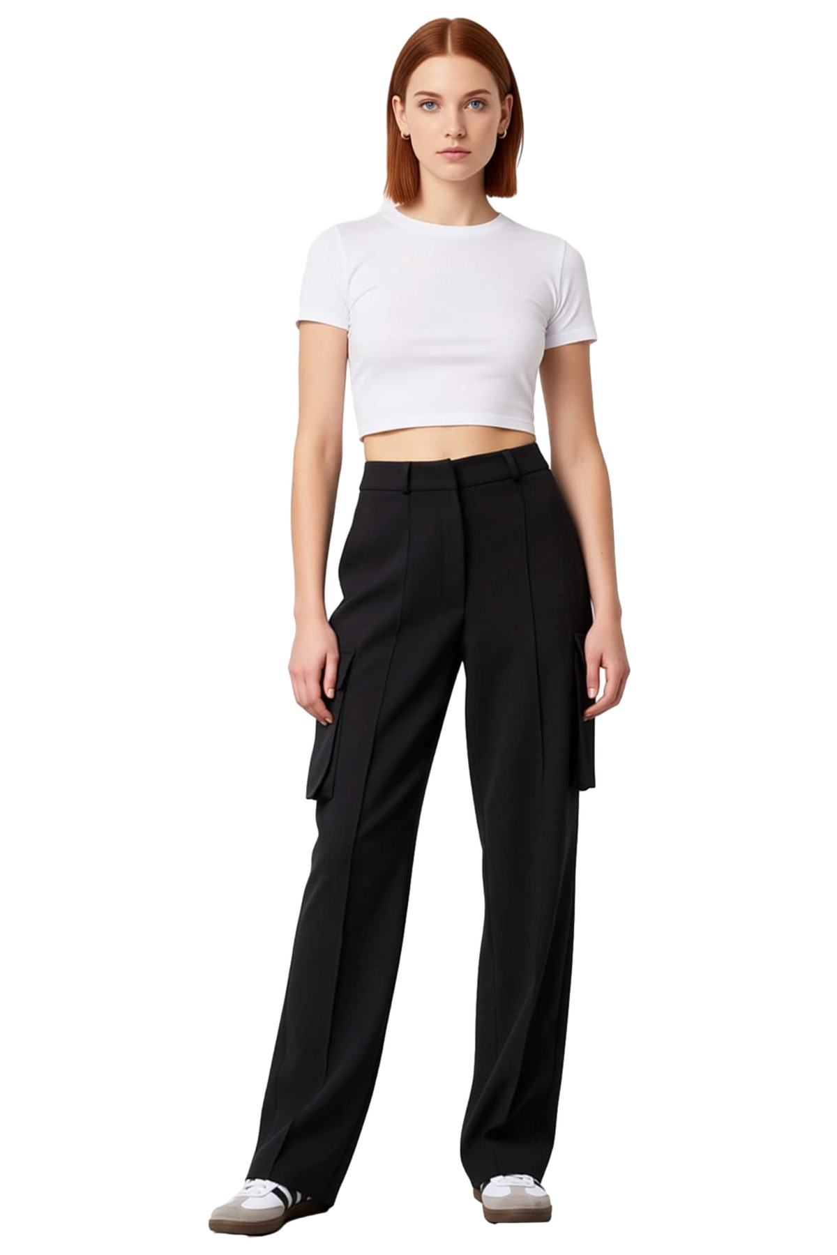Kadın Moda Yüksek Bel Straight Düz Kesim Pantolon Çift Cepli Günlük Kombinler Dayanıklı Malzeme