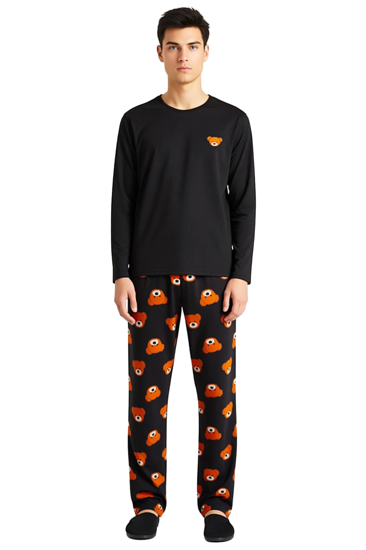 Ayıcık Baskılı Bisiklet Yaka Uzun Kollu Pijama Takımı Erkek Fonksiyonel Dayanıklı Kaliteli