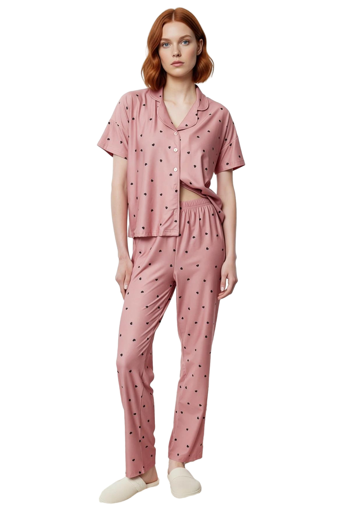 Kadın Kalpli Örme Pijama Takımı Rahat Şık Kısa Kollu Regular Kalıp Premium Kalite Seçkin Malzeme