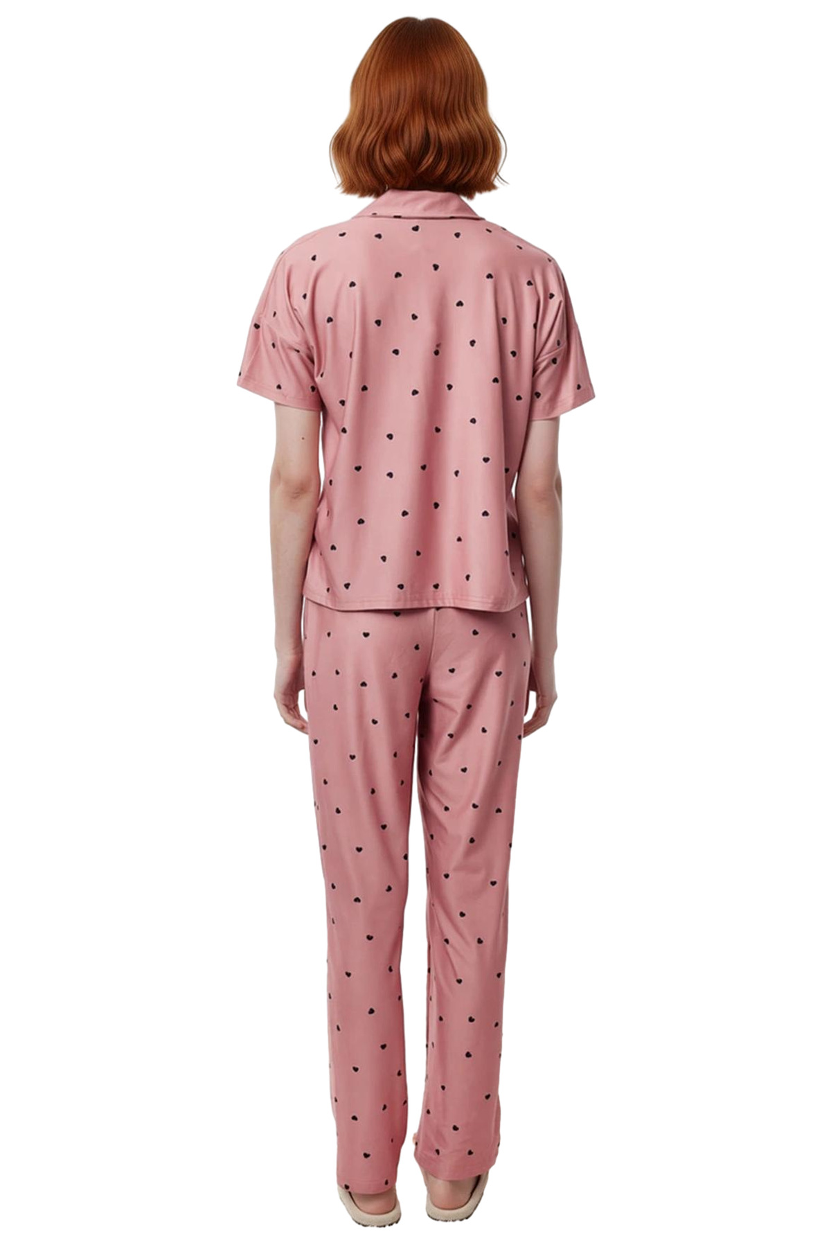 Kadın Kalpli Örme Pijama Takımı Rahat Şık Kısa Kollu Regular Kalıp Premium Kalite Seçkin Malzeme