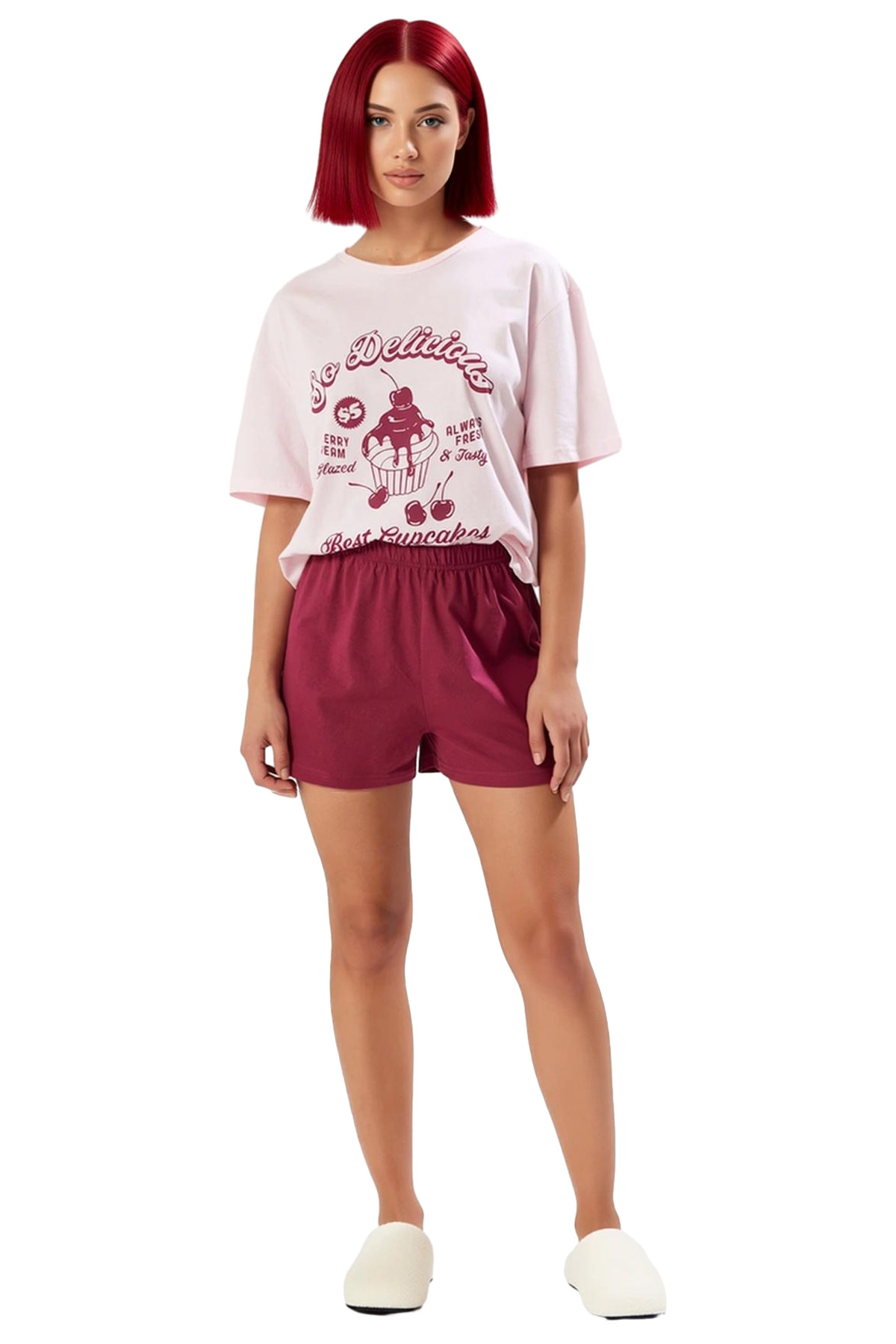 Kadın Rahat Pamuklu Kısa Kollu Pijama Takımı Yazlık Homewear Baskılı Şık Görünüm