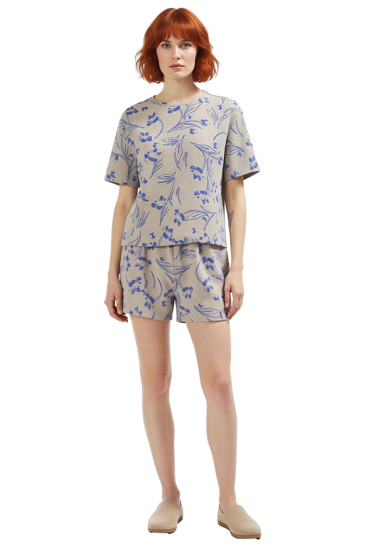Kadın Waffle Kumaş Çiçek Desenli Pijama Takımı Rahat Yazlık Örme Modern Stil Özel Tasarım