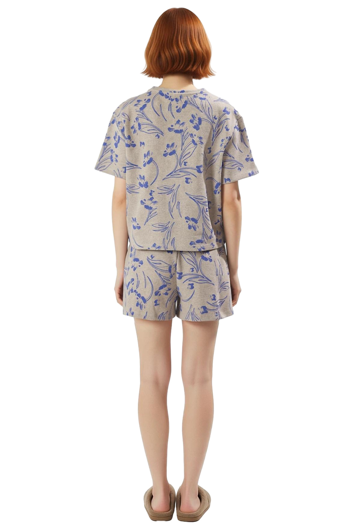 Kadın Waffle Kumaş Çiçek Desenli Pijama Takımı Rahat Yazlık Örme Modern Stil Özel Tasarım