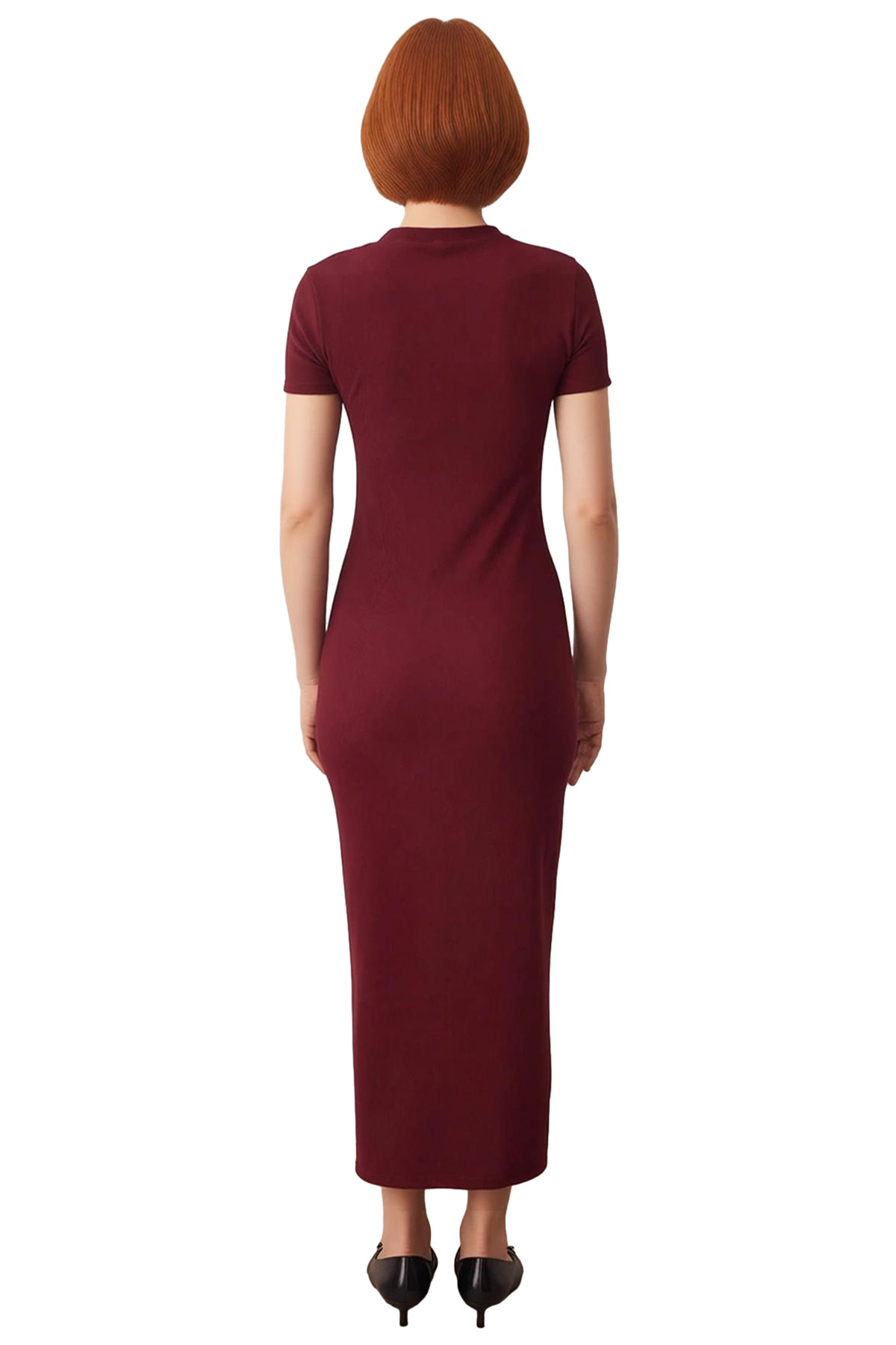 Kadın Bodycon Kesim Bisiklet Yaka Aksesuar Detaylı Ottoman Örme Midi Elbise Günlük Rahatlığı Sunar