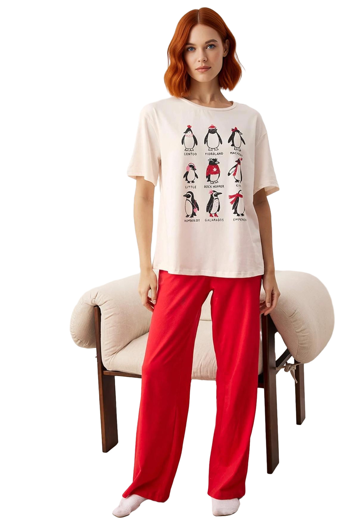 Kadın Penguen Baskılı Bisiklet Yaka Kısa Kollu Pijama Takımı Fonksiyonel Dayanıklı Estetik
