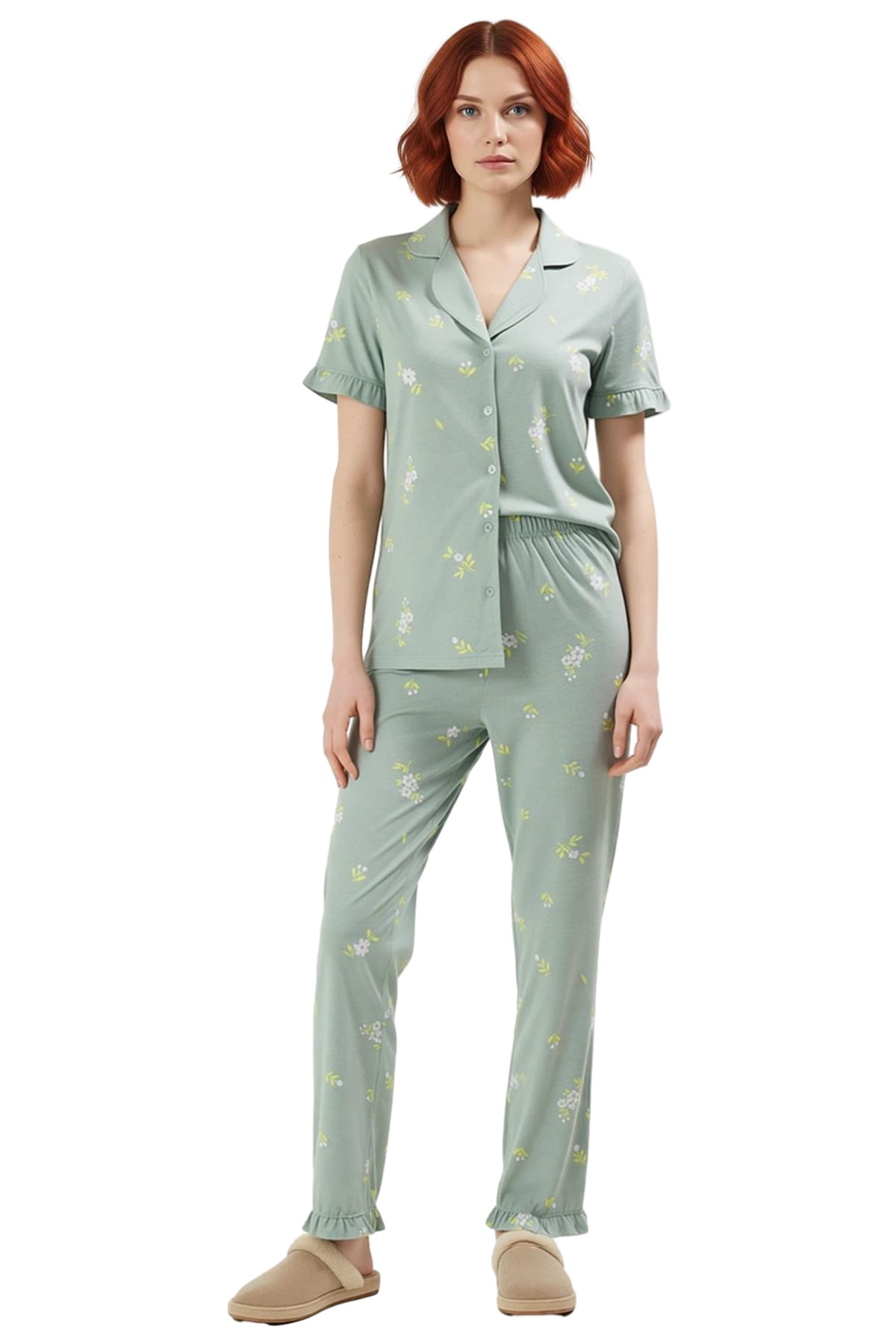 Kadın Mint Çiçekli Fırfırlı Gömlek ve Pantolon Pijama Takımı Fonksiyonel Dayanıklı Estetik