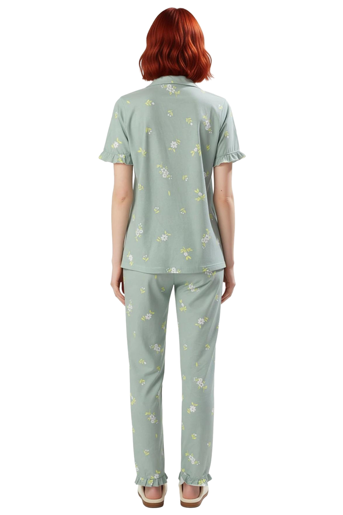 Kadın Mint Çiçekli Fırfırlı Gömlek ve Pantolon Pijama Takımı Fonksiyonel Dayanıklı Estetik